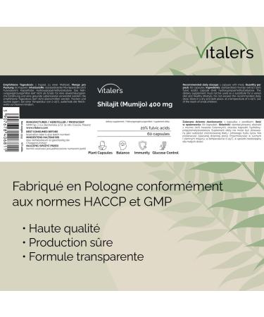 Vitaler's Shilajit 400 mg - 60 g lules Vegan 2 mois de suppl mentation Sans conservateur Composition pure - Buy Online on GoSupps.com