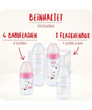 NUK First Choice+ Baby Bottle Starter Set | 0-6 Months | 4 Bottles with Temperature Control & Anti-Colic Air System in Pink Giraffe Design | BPA Free | 5-Piece Set - Buy Online on GoSupps.com