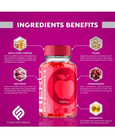 Hero Keto ACV Gummies 1000MG - Advanced Formula with Apple Cider Vinegar Folic Acid Vitamin B12 & B6 | 60 Vegan Gummies for Weight Loss & Wellness - Buy Online on GoSupps.com