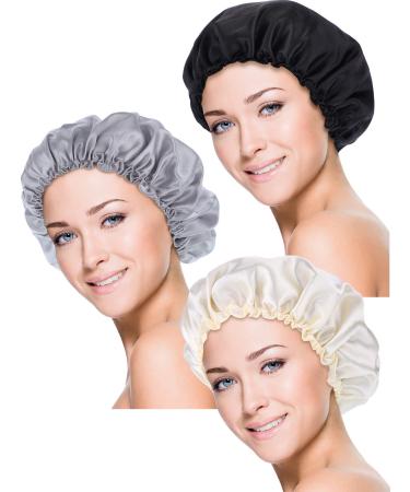 Blulu 3 pieces of sleeping caps Satin hood night headgear sleep soft hair turbans for women and girls 3 pieces (1 pack) black beige silver