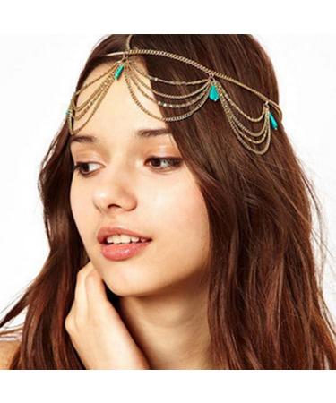 Aneneicera boho layered turquoise head chain gold teardrop hair chain gypsy headgear festival prom wedding hair accessories for women and girls