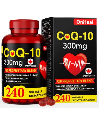 CoQ10 Supplement 300mg - Enhanced CoQ10 Nutritional Supplement with Coenzyme Q10 for Heart Health Energy and Antioxidants - 240 Softgels