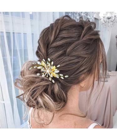 Zoestar Flower Wedding Hiar Comb Slides Gold Crystal Pearl Headpiece Rhinestone Bridal Leaf Hair Accessories for Women and Girls - Buy Online on GoSupps.com