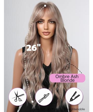 WOKESTAR Long Ombre Ash Blonde Synthetic Hair Wig with Curtain Fringe for Women - Buy Online on GoSupps.com