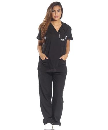 Just Love Women's Six Pocket Medical Scrubs Set (V-Neck with Cargo Pant) Large Black