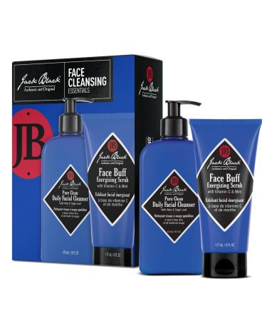 Jack Black Face Cleansing Essentials Set - Pure Clean Daily Facial Cleanser 2-in-1 Mens Facial Cleanser & Toner + Face Buff Energizing Scrub Exfoliating Wash for Men
