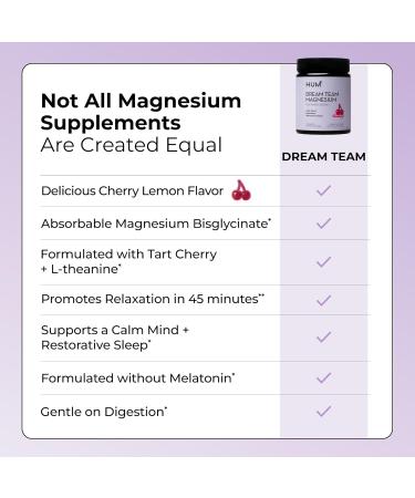 Hum Nutrition Dream Team Magnesium Bisglycinate Powder L Theanine & Tart Cherry Magnesium Supplement Drink Mix Support Rest Relaxation & Sleep Routine Gluten Free Vegan Cherry Lemon 30 Servings - Buy Online on GoSupps.com