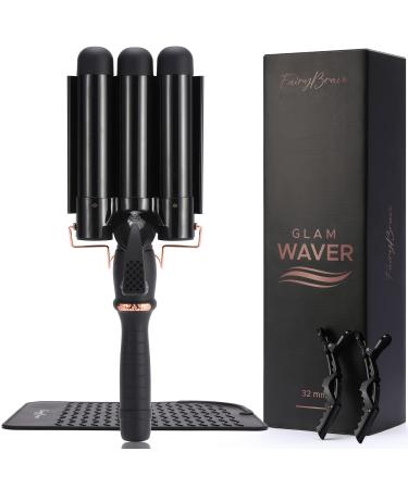 Large 3 Barrel Curling Iron, Triple Hair Waver & Crimper Wand for Beach Waves, Ceramic Tourmaline with Adjustable Temperature - Glam Waver, Black