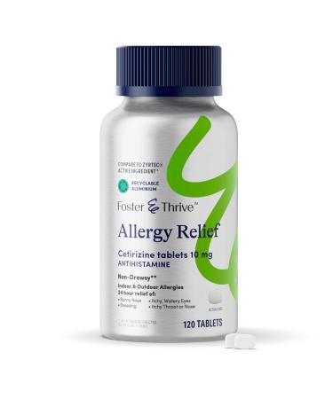 Foster & Thrive Cetirizine HCl 10mg Allergy Relief for Seasonal Allergies Pollen Hay Fever and Dry Itchy Eyes Non-Drowsy Antihistamine Medicine for Children or Adults Compare to Zyrtec
