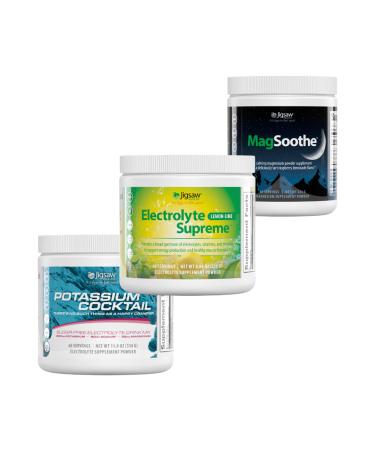 Jigsaw Pickleball Hydration Stack | Potassium Cocktail (Blue) Electrolyte Supreme (Lemon-Lime) and MagSoothe (Raspberry Lemonade) 60 Servings (Jar)