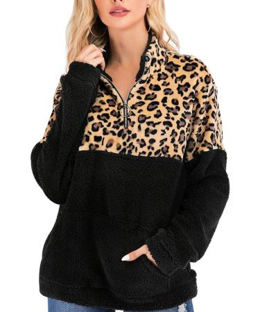 Bigfanshu Womens Sweaters Casual Winter Warm Long Sleeve Stitching Leopard Plush Blouse Top Black - Buy Online on GoSupps.com