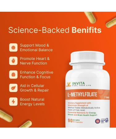 INVITA L-Methylfolate 7.5mg Physician Formulated Active Methyl Folate - 5-MTHF Supplement for Energy Mood & Brain Health Support - Non GMO Gluten Free 90 Capsules (3 Month Supply) 7.5 mg - Buy Online on GoSupps.com
