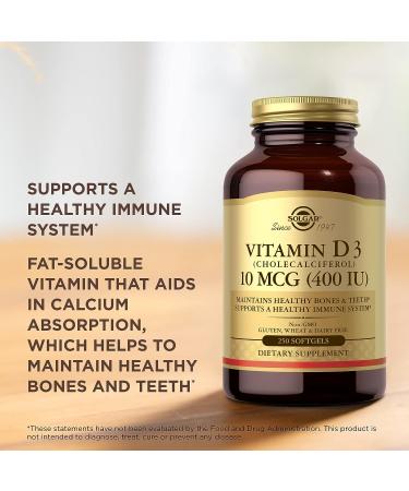 Solgar Vitamin D3 10 mcg (400 IU) Softgels - 250 Count - Bone & Teeth Health, Immune Support - Non-GMO Dairy Free - Buy Online on GoSupps.com