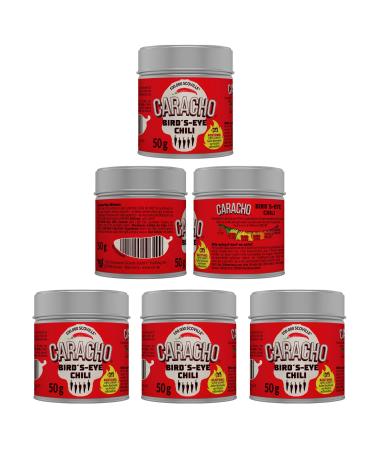 CARACHO 5 x 50g Bird Eye Chilli Flakes - 100% Extremely Hot - Chilli Powder in Metal Spice Tin / Scoville: 100,000-200,000 / Value Pack