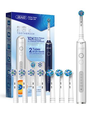 SEAGO Rotating Electric Toothbrush with 8 Brush Heads for Adults 5 Modes Rechargeable Power Toothbrush 2 Min Smart Timer and IPX7 Waterproof (White)
