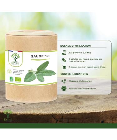 Organic sage - Bioptimal - Dietary supplement - Menopause Hot flashes - Night sweats - Painful rules - Digestion - 250mg/capsule - Made in France - Ecocert certified - 200 capsules - Buy Online on GoSupps.com