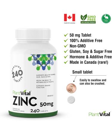 PlantVital Zinc Supplements 50mg (240 Count) - Immune Support Healthy Bones Hair Nail and Skin with Zinc Gluconate 50mg - Made in Canada - Additive-Free - 480 Zinc Tablets 240 count (Pack of 2) - Buy Online on GoSupps.com