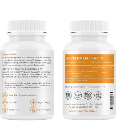 Bloom Health Cordyceps Mushroom Capsules - 1000MG Energy and Endurance Support (125-Day Supply) - Organic, Non-GMO, Vegan-Friendly - Buy Online on GoSupps.com