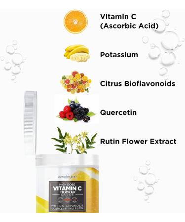 Livingood Daily High Dose Vitamin C Powder - 600mg Ascorbic Acid with Quercetin, Bioflavonoids, Rutin & Potassium - Non GMO Orange - 30 Servings - Buy Online on GoSupps.com