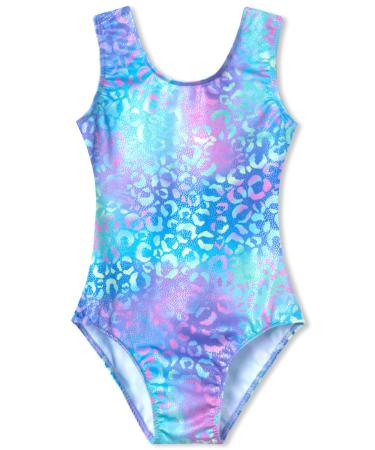 Domusgo Toddler Leotard Gymnastics Long Sleeve, Sparkly Tumbling Dance Leotards for Baby Girls Kids Teens 2-14 Years Green Purple Leopard Sleeveless 5-6 Years