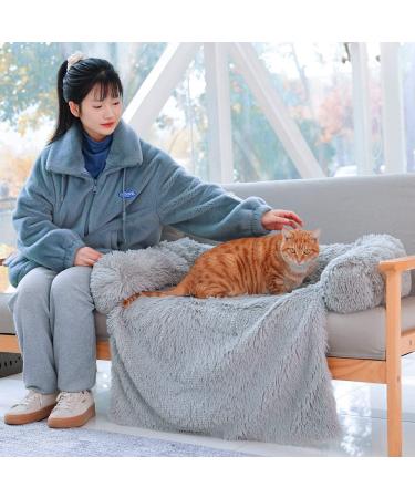 Sagging Calming Couch Protector Pet Bed - Soft Plush Dog Sofa Mat Cover - Removable Washable Cover - Large Grey - Buy Online on GoSupps.com