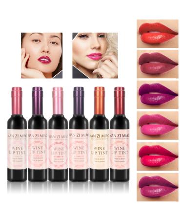 6 Colors Wine Lip Tint Set, Matte Lip Stain Long Lasting Waterproof Liquor Bottle Lip Gloss Gift Set, Silky Smooth Lightness Non-Stick Lipstick for Women (wine matte lip tint set)