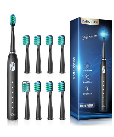 Electric toothbrush sound toothbrush with 90% rounded bristle 5 cleaning modes integrated timer and 9 toothbrush heads ultrasound toothbrushes (new black) black with silver button