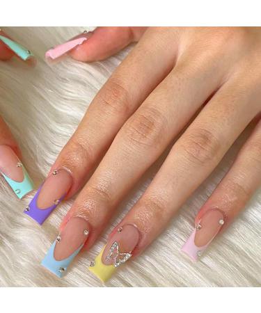 Kotkiddy 24pcs Long Press on Nails Black French Tips Fake Nails Butterfly Rhinestone Full Cover Stick On Nails Coffin False Nails With Glossy (multicolored)