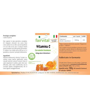Fairvital | Gommes vitamine C - 90 pi ces - 500mg par jour - Saveur orange - Hautement dos es - 100% v g taliennes + sans sucre - Qualit contr l e et hautement dos es - Fabriqu es en allemagne - Buy Online on GoSupps.com