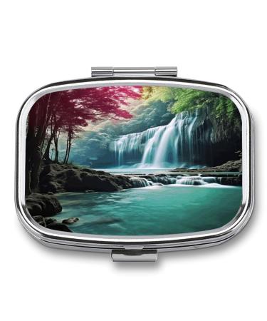 Pill Box Waterfall Natural Landscape Print 2 Compartment Medicine Pill Case Pill Organizer Decorative Metal Portable Pill Box for Pocket Or Purse