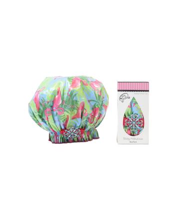 Dry Divas Designer Shower Cap - Washable  Reusable - Large Bouffant With Vintage Jeweled Brooch (Single And Ready To Fla-mingle) Green