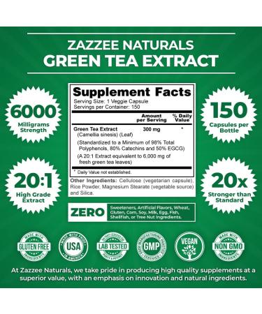 Zazzee Extra Strength Green Tea Extract 6000mg - 150 Vegan Capsules - 50% EGCG - 98% Polyphenols - 80% Catechins - Potent 20x Extract - Up to 5 Month Supply - All-Natural & Vegan - Buy Online on GoSupps.com