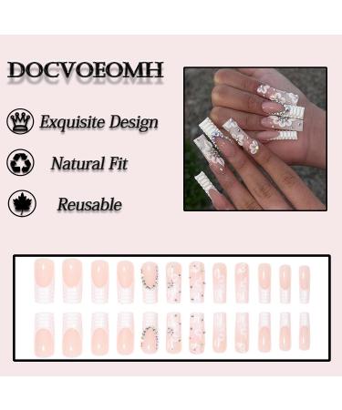 Long Square Press on Nails - French White Acrylic Fake Nails with Shiny Rhinestones - 24PCS Full Cover Stick-On Nails for Women & Girls - Buy Online on GoSupps.com