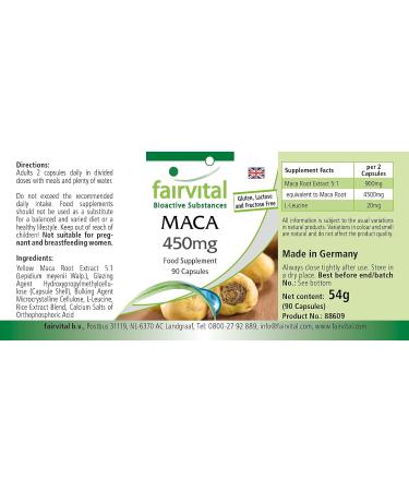 Fairvital | Maca 450mg Strong - with 4500mg of maca root per daily dose - Anti-stress Invigorating & Energy - High dosed - VEGAN - 90 capsules - Buy Online on GoSupps.com