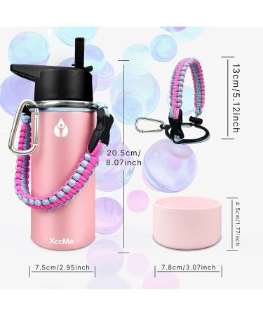 XccMe Kids Stainless Steel Water Bottle 16oz - Insulated Thermos with Straw Lid, Silicone Boot, Personalized Dinosaur Stickers, Paracord Handle - Pink - Ideal for School - Buy Online on GoSupps.com
