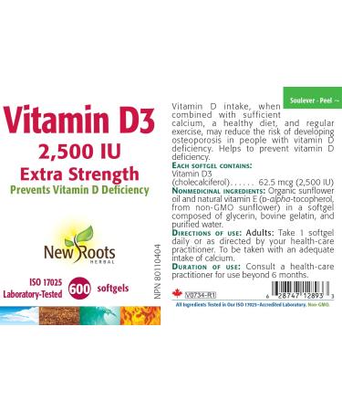 New Roots Herbal - Vitamin D3 2500 IU Extra Strength 600 Softgels - Helps to Prevent Vitamin D Deficiency - Helps in the Development and Maintenance of Bones and Teeth - Support Immune Function 600 count (Pack of 1) 2500 IU - Buy Online on GoSupps.com