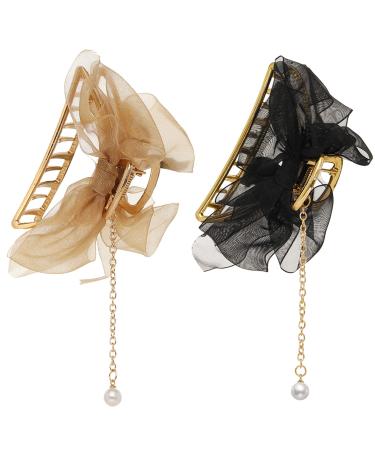 2 Pack Metal Big Lace Bows French Style Hair Clips Clamp Tassel Nonslip Hair Claw Hair Accessories for Women Girls for Thinner Thick Hair Styling 1 count (Pack of 2) 2pcs Bow Knot
