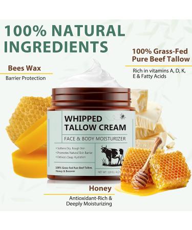 Beef Tallow for Skin Tallow and Honey Balm (4.2 Oz) Tallow Face Moisturizer Organic Grass Fed Whipped Beef Tallow with Honey Beeswax Deeply Moisturizing for Face & Body Unscented Fast Absorption 4.2 Ounce (Pack of 1) - Buy Online on GoSupps.com