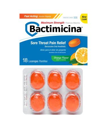 Bactimicina Sore Throat Lozenges Extra Strength Oral Analgesic with Benzocaine for Fast Action Relief, 18 Count 18 Count (Pack of 1)