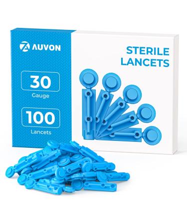 AUVON Blood Lancets 30 Gauge 100 Twist Top Lancets with Less Pain Design Fit Most Standard Lancing Devices for Blood Sugar Kit and Glucose Meter Light Blue