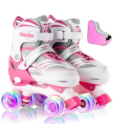 JeeFree 4 Size Adjustable Roller Skates for Girls Boys, Kids Roller Skates with Full Light Up Wheels,Girls Roller Skates for Kids Toddler,Illuminating Purple Pink Blue Roller Skates for Kids Beginners B Pink Small - Little Kids