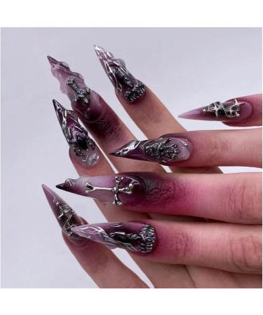 2 Piece Set Reusable Glue Gel Gothic Mauve Nail Gradient Finger Metal Cross Charm Design Spider Decal Halloween Cross Pattern Punk Suitable for Female Girls Almond Nails Purple Gradient 1count - Buy Online on GoSupps.com