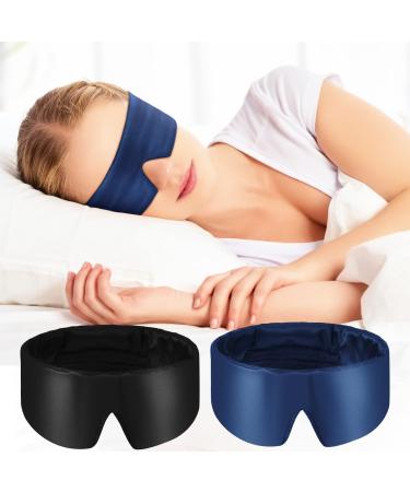 2 Pcs Silk Sleeping Mask Comfortable Breathable Silk Eye Mask Adjustable Blackout Eye Covers for Sleeping Soft Eye Blindfold for Adults Women Men Travel Flight Rest Navy Blue Black