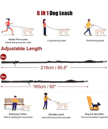 Hands Free Running Dog Lead - Retractable 7FT Long Training Leash for Medium Large Dogs - Reflective Nylon Tape - Ideal for Walking, Hiking, Jogging - Car Seat Belt Leash - Black - Buy Online on GoSupps.com