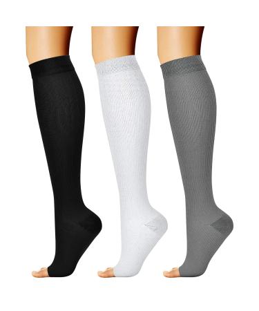 CHARMKING 3 Pairs Open Toe Compression Socks for Women & Men Circulation 15-20 mmHg is Best Support for All Day Wear Small-Medium 03 Black/White/Grey