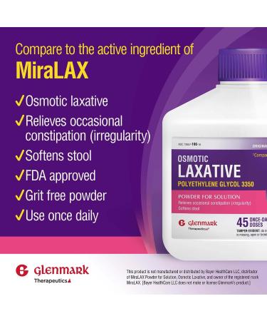 Glenmark Therapeutics Polyethylene Glycol 3350 Powder Osmotic Laxative 45 Daily Doses Softens Stool Relieves Occasional Constipation Powder for Solution 26.9 Ounce - Buy Online on GoSupps.com