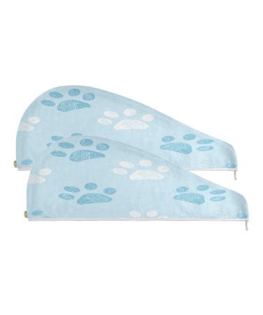 Blue Paws Cat Dry Hair Cap 2 Piece Quick Drying Towel Set with Button Headband Super Absorbent Soft & Comfortable