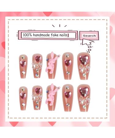 24pcs Long Coffin Acrylic Stick on Nails - Nude Pink Black Design with Glue Sticker | Fashion Fake Nails for Women and Girls - Rabbit Theme - Buy Online on GoSupps.com
