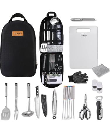 Camping Cookware Storage Bag - Portable Bag for Camping Cooking Utensils Set - Knife, Fork, Spoon, Chopping Board & Chef's Knife - Black - Buy Online on GoSupps.com