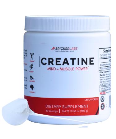 Bricker Labs Creatine Monohydrate Powder 5g Pure Ultra-Fine Creatine per Serving Muscle Growth Strength Endurance & Focus Unflavored 60 Servings Workout & Cognitive Support for Men & Women